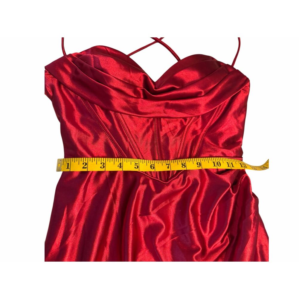 STACEES Red Satin Corset Gown Thigh-High Slit - Size 8 - Picture 7 of 16